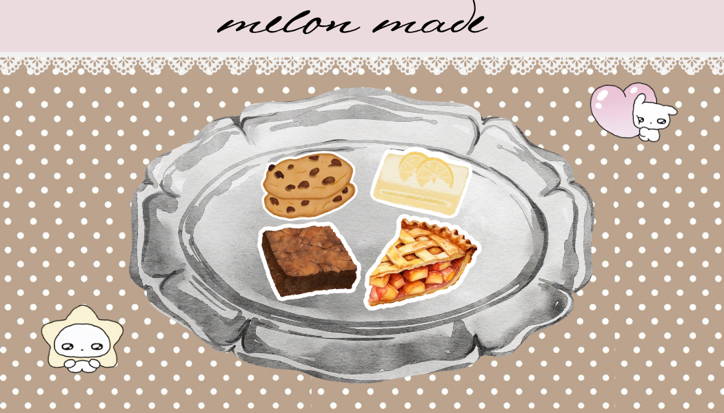 Melon Made cover artwork featuring cookies, brownies, lemon bars, and apple pie on a silver platter